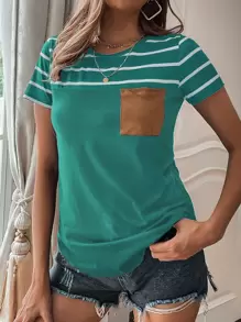 SHEIN LUNE Striped Pocket Front Tee - Green - View 1