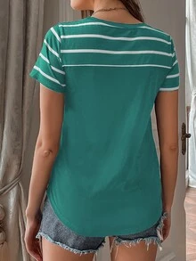 SHEIN LUNE Striped Pocket Front Tee - Green - View 2