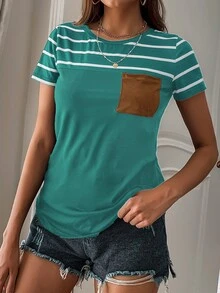 SHEIN LUNE Striped Pocket Front Tee - Green - View 3