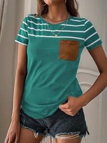 SHEIN LUNE Striped Pocket Front Tee - Green - View 4
