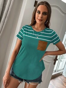 SHEIN LUNE Striped Pocket Front Tee - Green - View 5