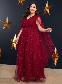 Modelyn Burgundy Red Plus Cloak Sleeve Mesh Prom Dress - Burgundy - View 1