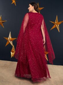 Modelyn Burgundy Red Plus Cloak Sleeve Mesh Prom Dress - Burgundy - View 2