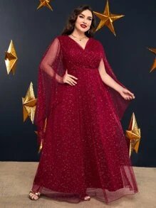 Modelyn Burgundy Red Plus Cloak Sleeve Mesh Prom Dress - Burgundy - View 3
