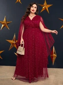 Modelyn Burgundy Red Plus Cloak Sleeve Mesh Prom Dress - Burgundy - View 4