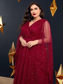 Modelyn Burgundy Red Plus Cloak Sleeve Mesh Prom Dress - Burgundy - View 5