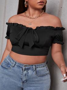 Plus Off Shoulder Frill Trim Knot Front Crop Top - Black - View 1