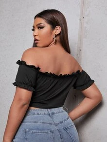 Plus Off Shoulder Frill Trim Knot Front Crop Top - Black - View 2