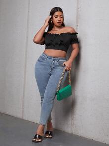 Plus Off Shoulder Frill Trim Knot Front Crop Top - Black - View 3