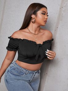 Plus Off Shoulder Frill Trim Knot Front Crop Top - Black - View 4