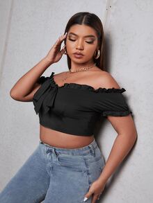 Plus Off Shoulder Frill Trim Knot Front Crop Top - Black - View 5