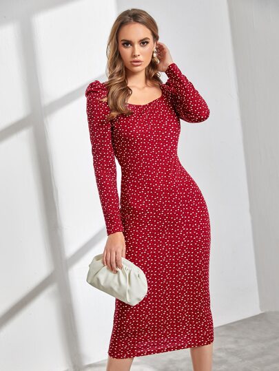 SHEIN Privé Confetti Heart Print Gigot Sleeve Dress Without Belt Workwear