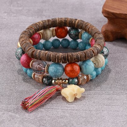 3pcs Tassel Decor Beaded Bracelet