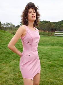 SHEIN Unity Đầm Nút Dây kéo màu trơn Giải trí - Bụi hồng - Xem 1