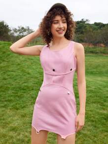SHEIN Unity Đầm Nút Dây kéo màu trơn Giải trí - Bụi hồng - Xem 4