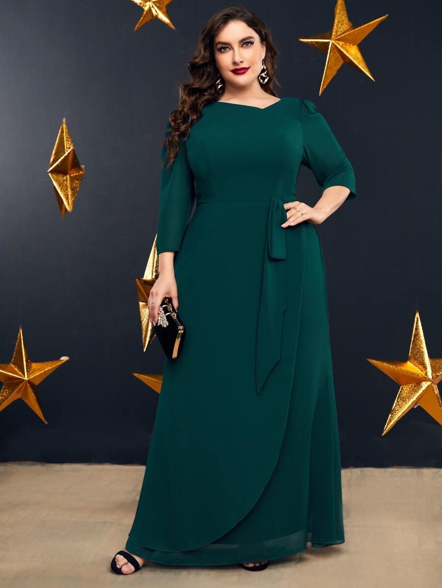Plus Size Puff Sleeve Strap Draped Wrap Chiffon Dress - Dark Green - View 1