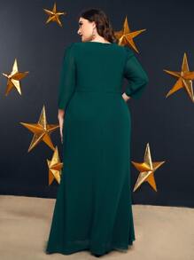 Plus Size Puff Sleeve Strap Draped Wrap Chiffon Dress - Dark Green - View 2