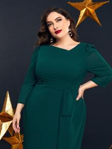 Plus Size Puff Sleeve Strap Draped Wrap Chiffon Dress - Dark Green - View 5