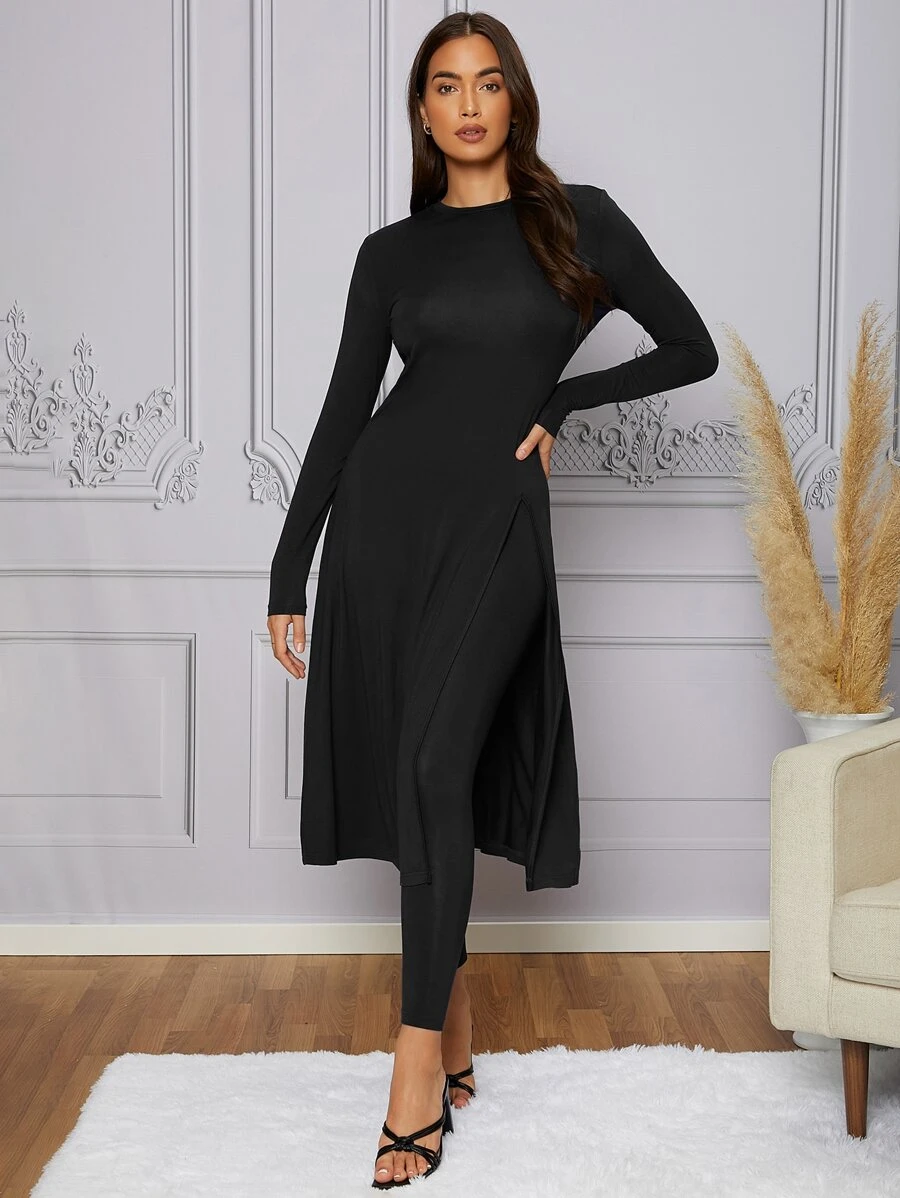 Modelyn Solid Split Thigh Top & Leggings - Black - View 1