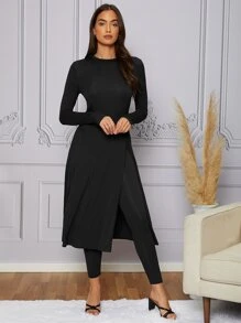 Modelyn Solid Split Thigh Top & Leggings - Black - View 3