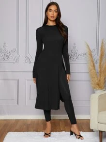 Modelyn Solid Split Thigh Top & Leggings - Black - View 5