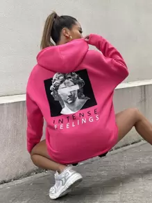 StreetHx Figure & Letter Print Drawstring Hoodie - Hot Pink - View 1