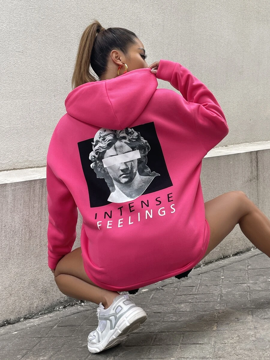 StreetHx Figure & Letter Print Drawstring Hoodie - Hot Pink - View 1