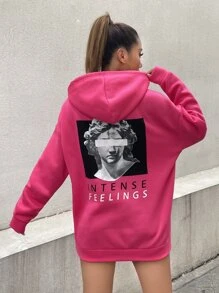 StreetHx Figure & Letter Print Drawstring Hoodie - Hot Pink - View 2