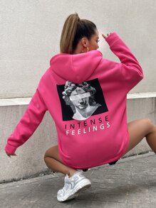StreetHx Figure & Letter Print Drawstring Hoodie - Hot Pink - View 3
