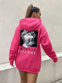 StreetHx Figure & Letter Print Drawstring Hoodie - Hot Pink - View 4