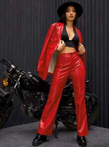 SHEIN ICON Bikercore高腰直筒PU皮革長褲 - 紅色 - 查看 4