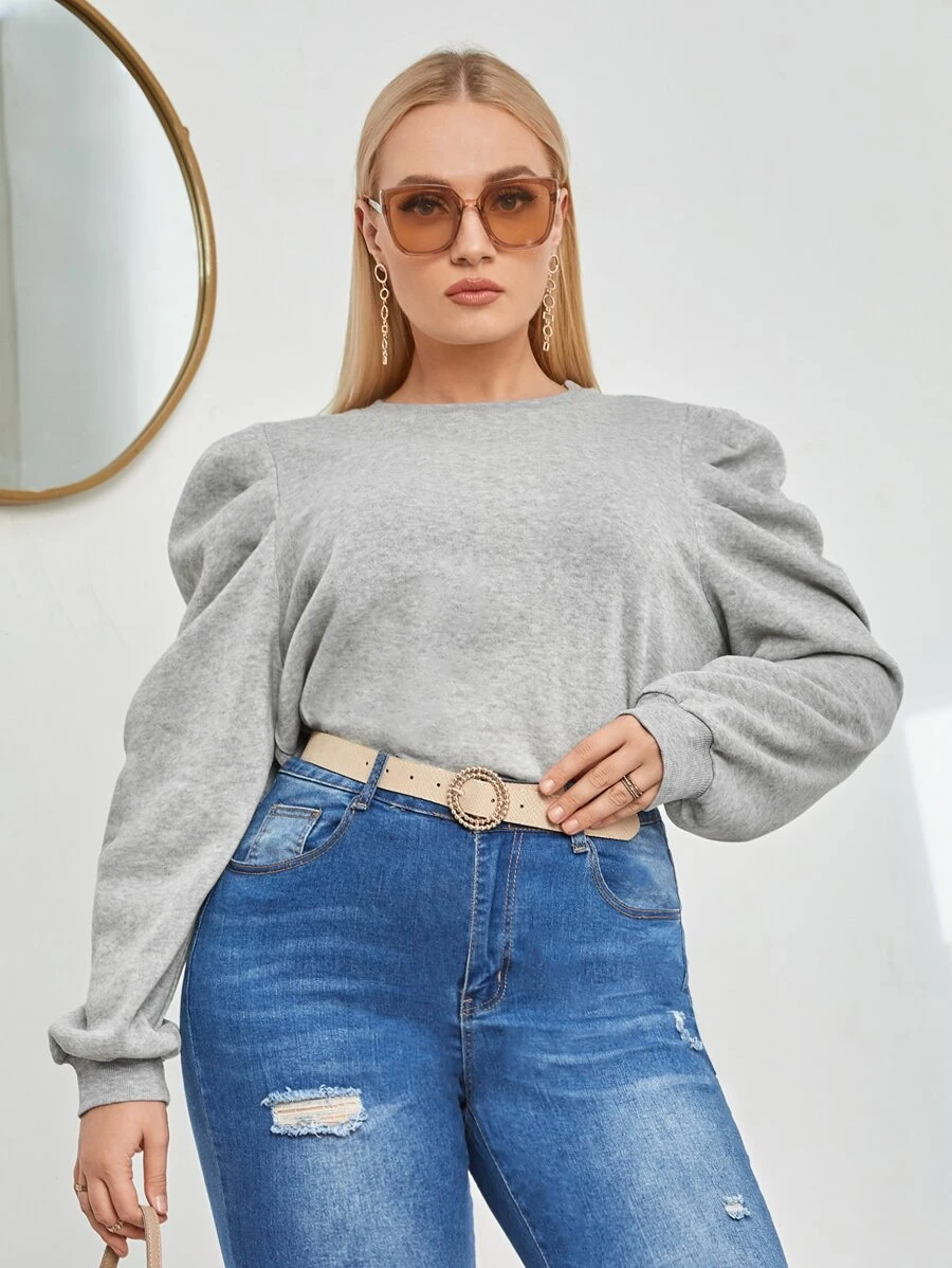 Plus Puff Sleeve Sweatshirt - Grey - View 1