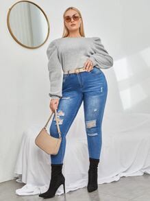 Plus Puff Sleeve Sweatshirt - Grey - View 3