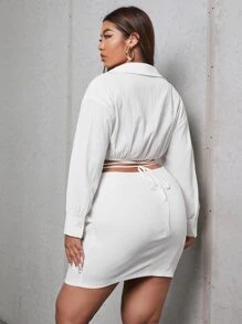 大碼落肩袖十字交叉打結上衣和褶邊包臀半身裙 - 白色 - 查看 2