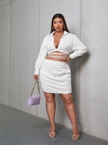 大碼落肩袖十字交叉打結上衣和褶邊包臀半身裙 - 白色 - 查看 3