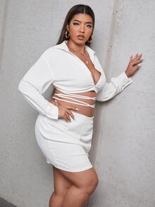 大碼落肩袖十字交叉打結上衣和褶邊包臀半身裙 - 白色 - 查看 4