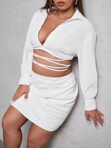 大碼落肩袖十字交叉打結上衣和褶邊包臀半身裙 - 白色 - 查看 5