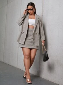 SHEIN Essnce Plus Gingham Double Button Blazer & Skirt - Multicolor - View 4