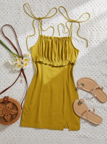 Soleia Vestido de tirantes unicolor pecho con fruncido - Mostaza Amarilla - Ver 1