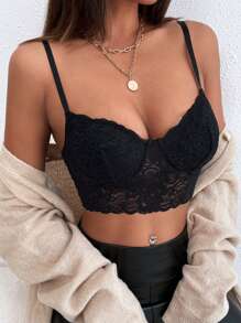 Zolique Floral Lace Crop Cami Top - Black - View 1