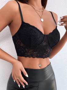 Zolique Floral Lace Crop Cami Top - Black - View 6