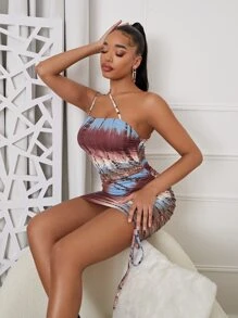 SHEIN SXY Tie Dye Ruched Side Asymmetric Neck Dress - Multicolor - View 1