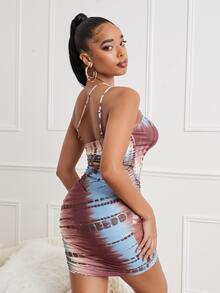 SHEIN SXY Tie Dye Ruched Side Asymmetric Neck Dress - Multicolor - View 2