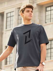 男士幾何和字母圖案T恤 - 深灰色 - 查看 3