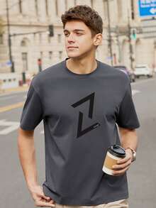 男士幾何和字母圖案T恤 - 深灰色 - 查看 4