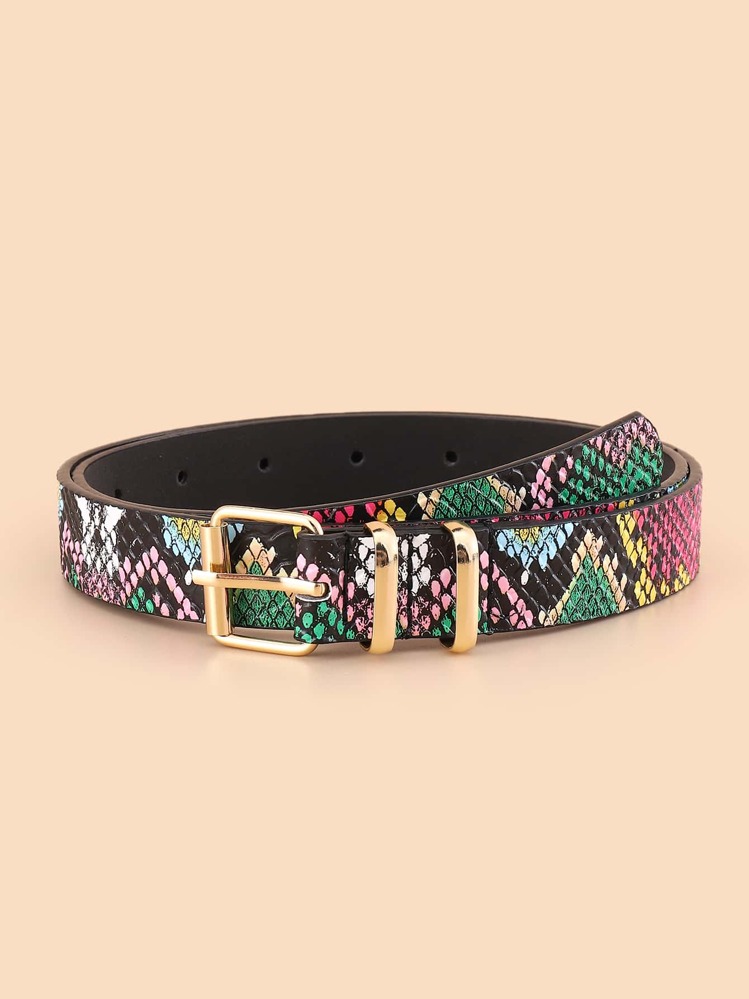 Metal Buckle Snakeskin Print Belt - Multicolor - View 1