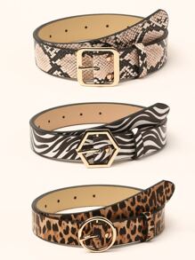 3pcs Zebra Striped & Snakeskin Print Belt Leopard Print - Multicolor - View 1