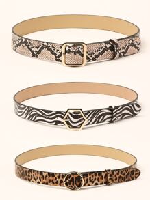3pcs Zebra Striped & Snakeskin Print Belt Leopard Print - Multicolor - View 2