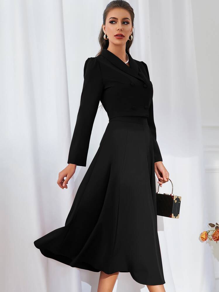 Modelyn Solid Double Breasted Shawl Collar Blazer & Skirt Fall Cloth For Women - Black - View 4