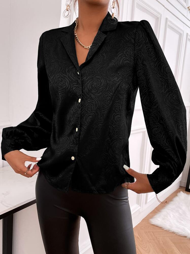 Modelyn Jacquard Button Through Satin Blouse - Black - View 3